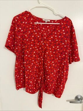 Madewell Red Floral Tie-Front V-Neck Blouse